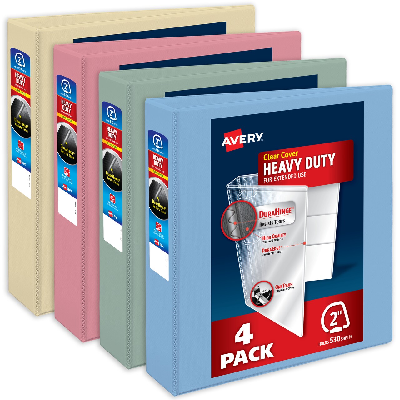 Avery Heavy-Duty View 3 Ring Binders, 2 Inch One Touch Slant Rings, 530-Sheet Capacity, DuraHinge, 2.8 Inch Wide Spine, Customizable Clear Cover and Spine, Assorted Pastel Colors (4-Pack of 79637)
